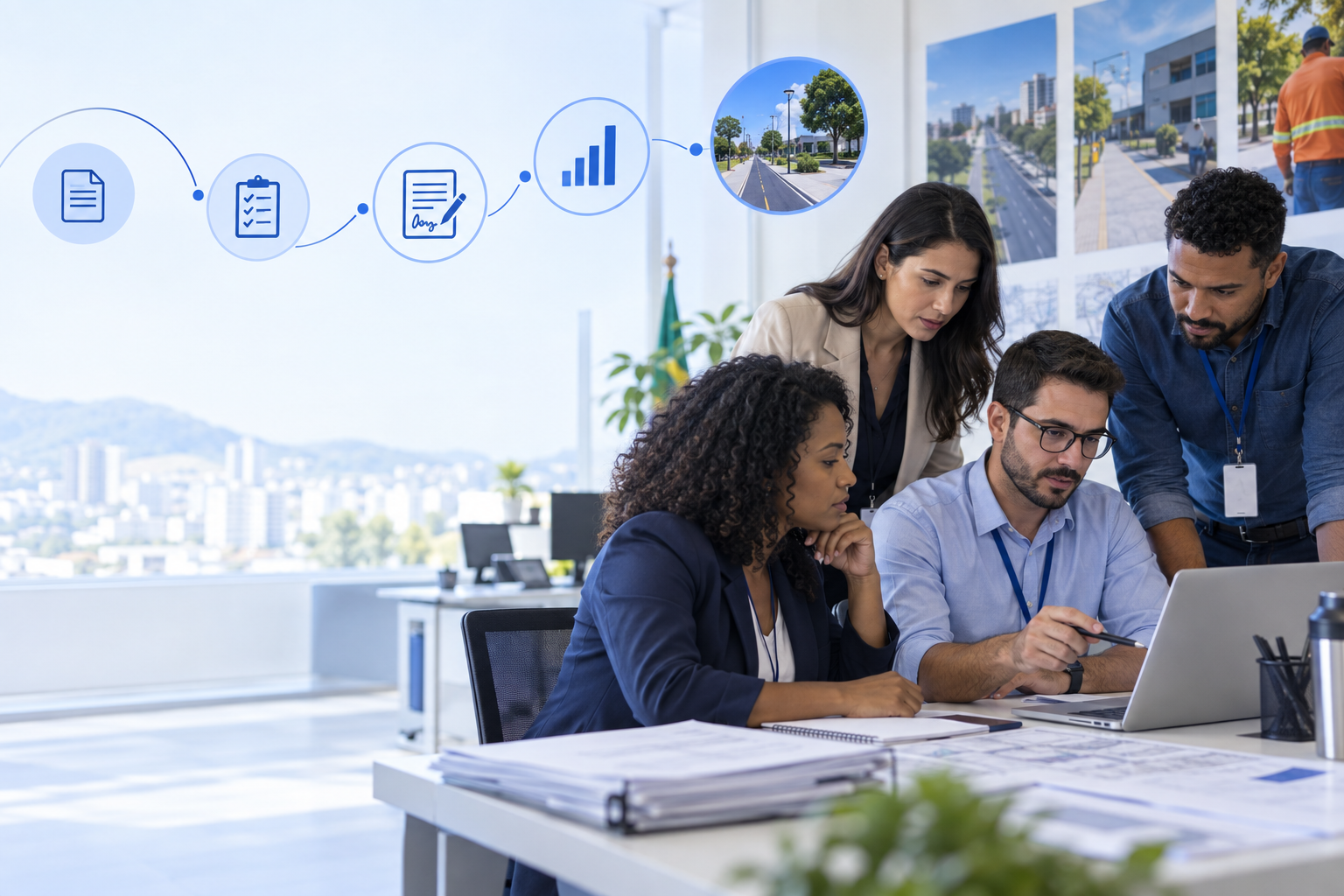 Equipe pública analisando indicadores de planejamento e execução de um contrato administrativo em painel digital
