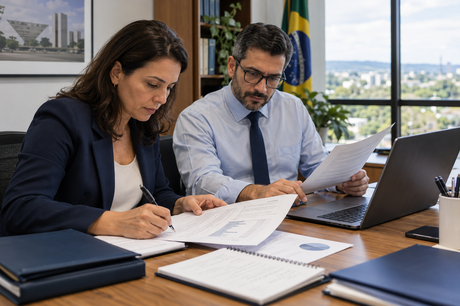 Dois profissionais analisam documentos de planejamento de contratações públicas em um escritório, destacando a revisão humana de ETP, TR e DFD.