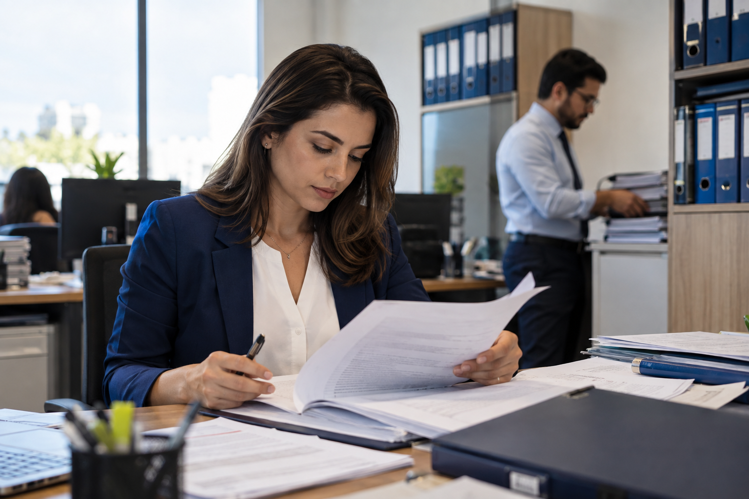 Profissional revisando documentos contratuais em escritório, com colega organizando registros ao fundo.