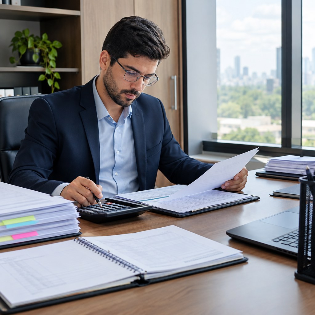 Profissional confere contratos, documentos e registros financeiros para revisão de fim de exercício nas contratações públicas.