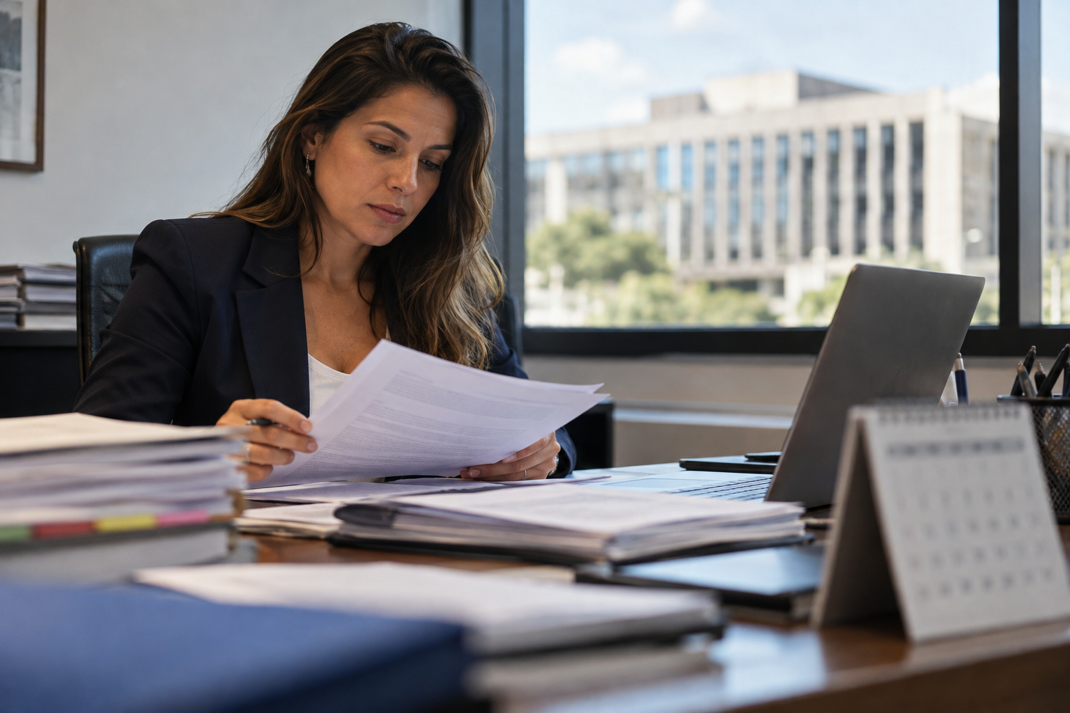 Mesa administrativa com documentos, notebook e calendário diante de uma janela de prédio público.