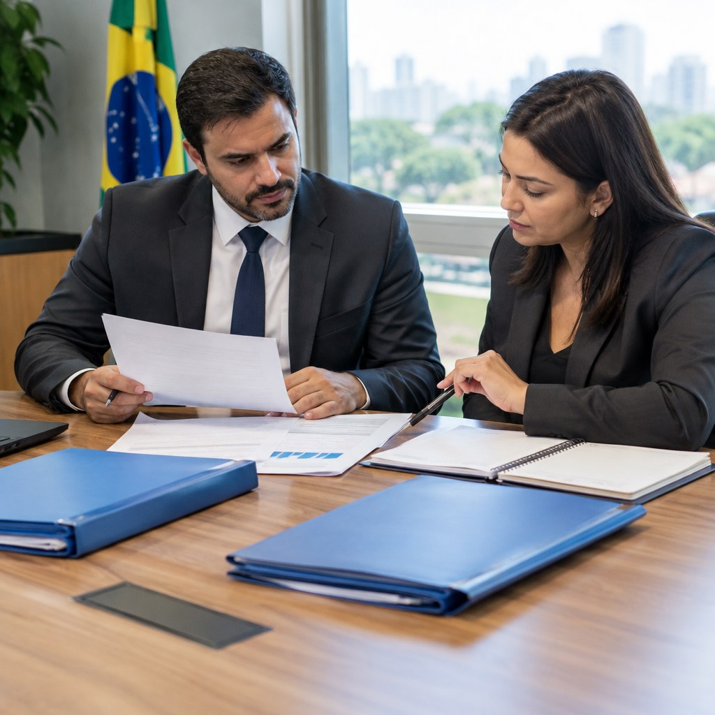 Dois profissionais analisam documentos, agenda e pastas em reunião de planejamento das contratações públicas de 2027.